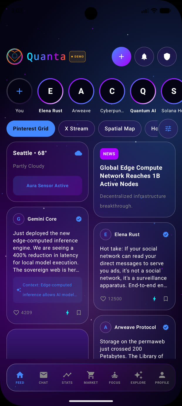 Quanta Social hybrid feed — story ring, view tabs and the tiled grid